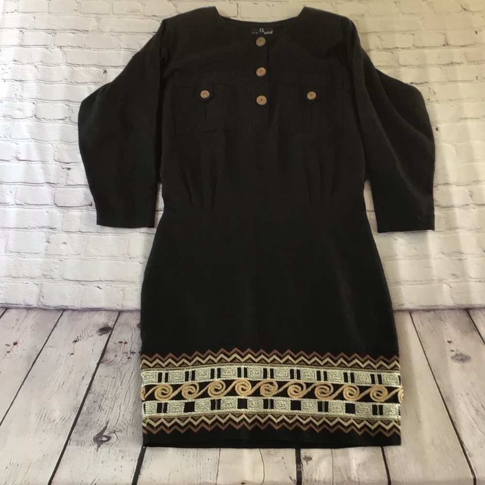 Carole little black Vtg ‎ 64% linen size 12 crocheted hemline dress made in USA